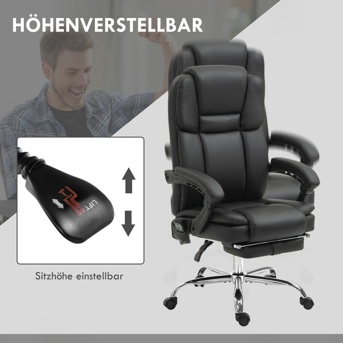 BÜROSTUHL DE-05209 Massage, Wärme & Fußstütze Schwarz - Schwarz, Metall (67/126/66cm) - ComfortXL