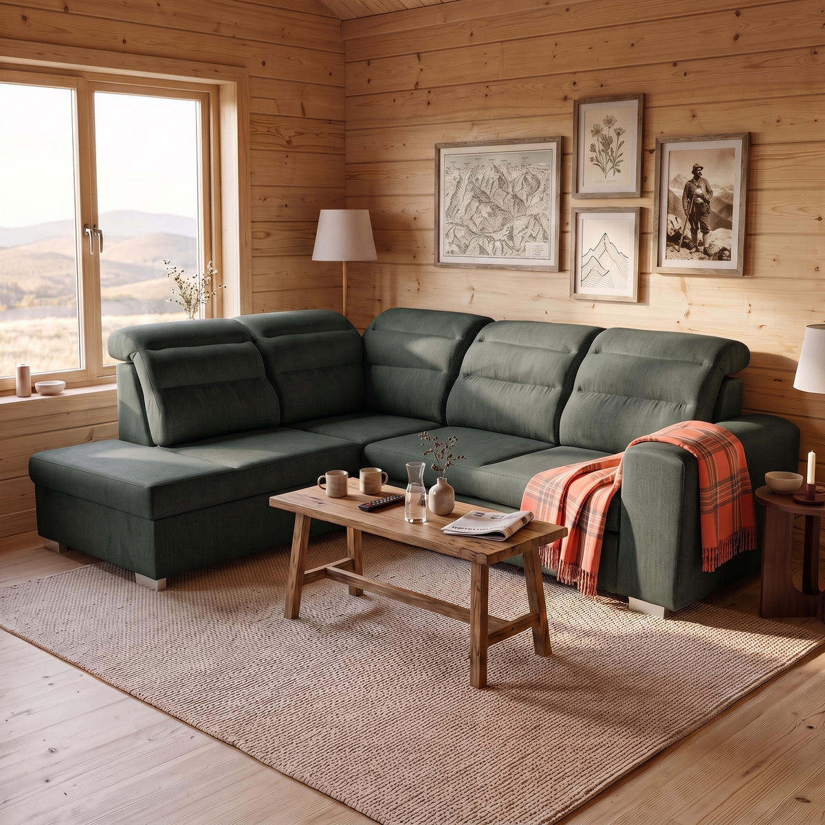 ECKSOFA CLOUD L Links mit Schlaffunktion 120x190 Velours Dunkelgrün - Chromfarben/Dunkelgrün, Holz/Kunststoff (202/260cm) - Muffo