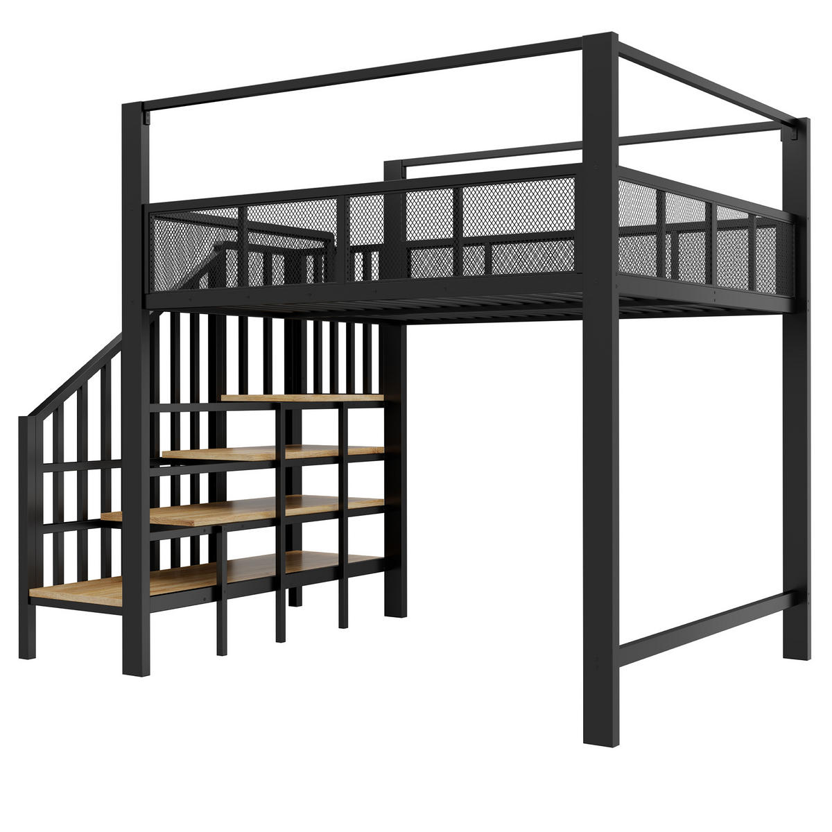 HOCHBETT Schwarz 140×200cm mit Baldachin, Stauraumtreppe und freier Arbeitsfläche unter dem Bett - Schwarz, Metall (140/200cm) - Luhomfu