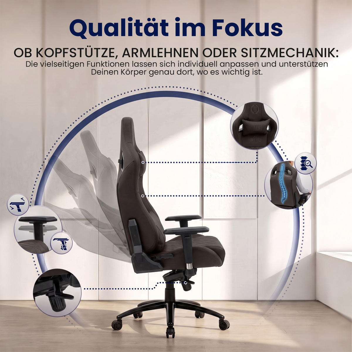 GAMINGSTUHL Echtleder braun - Schwarz/Braun, Leder/Metall (70/133/64cm) - CLP