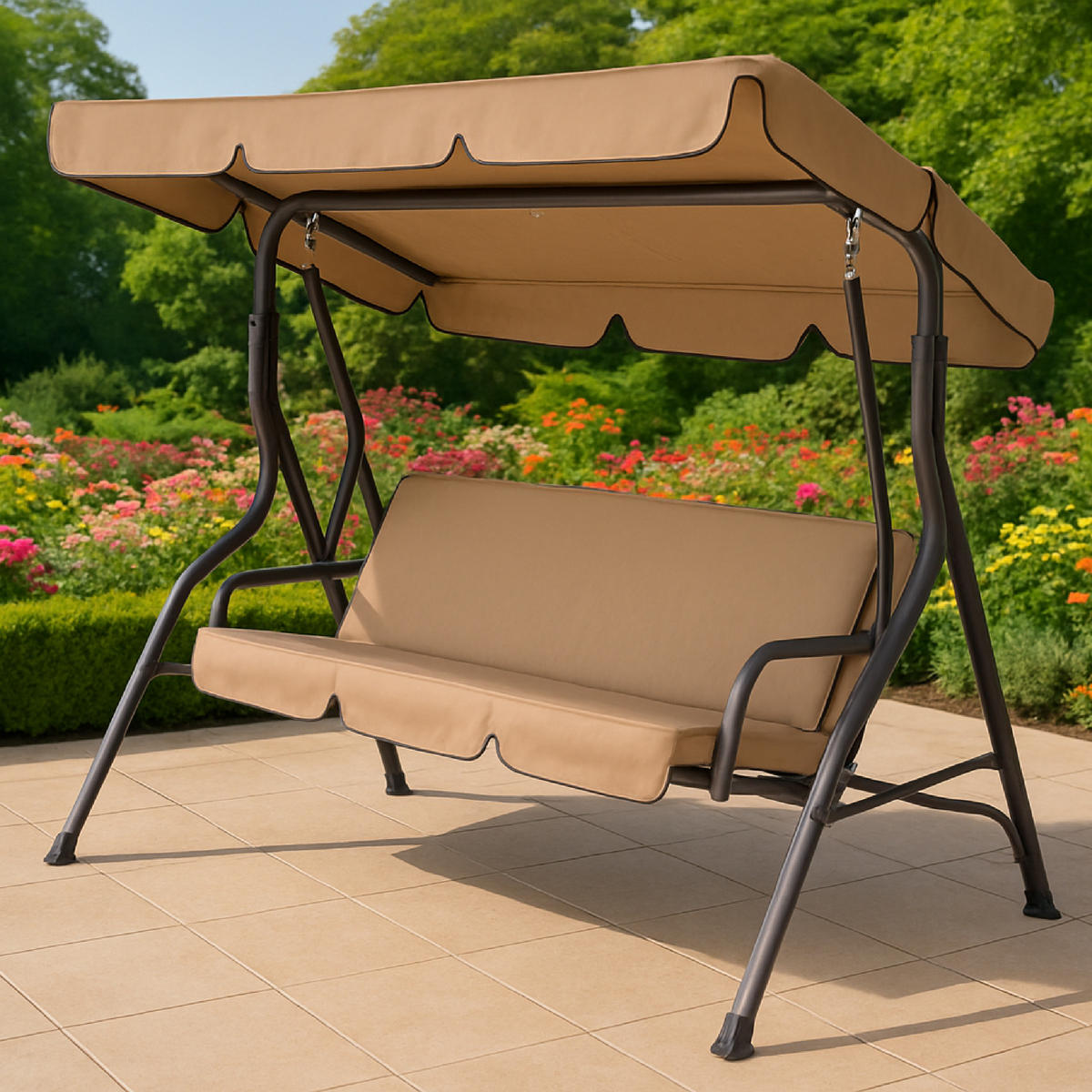 HOLLYWOODSCHAUKEL Florenz, 3-Sitzer, 170 cm, Farbe: creme / grau - Braun, Metall (170/153/110cm) - TPFGarden