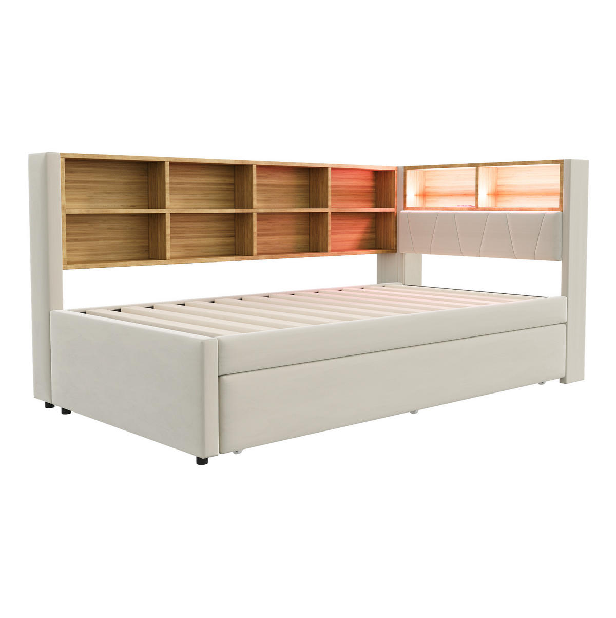 POLSTERBETT mit LED-Beleuchtung 90/200 cm mit Ausziehbett und Stauraum - Beige, Textil (90/200cm) - BEAOK