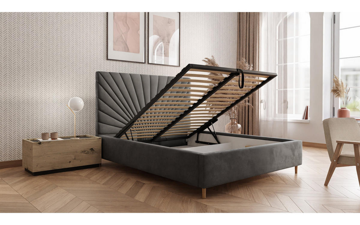 POLSTERBETT SUNNY 140x200 cm Jasmine 90, 34 Holzlatten, Kopfteil 131 cm - Grau, Textil (140/200cm) - Lookway