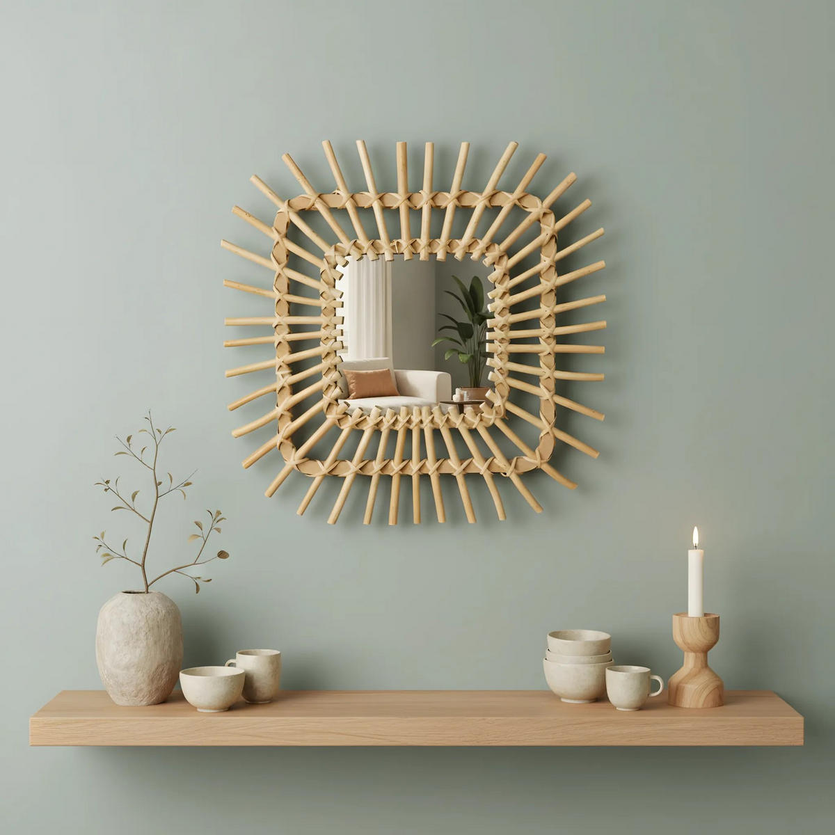 BOHO-WANDSPIEGEL Rea 45cm Qdj071 - Beige, Glas (45/2.5/45cm) - REA