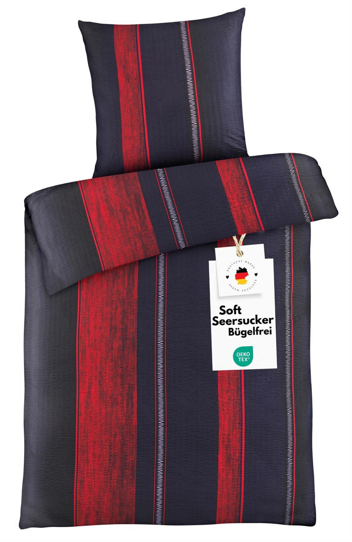 SEERSUCKER-BETTWÄSCHE 135x200 Streifen Sommer Bettbezug Bügelfrei aus 100% Polyester, Bettbezüge Schwarz Rot gestreift - Rot, Textil (135/200cm) - Carpe Sonno