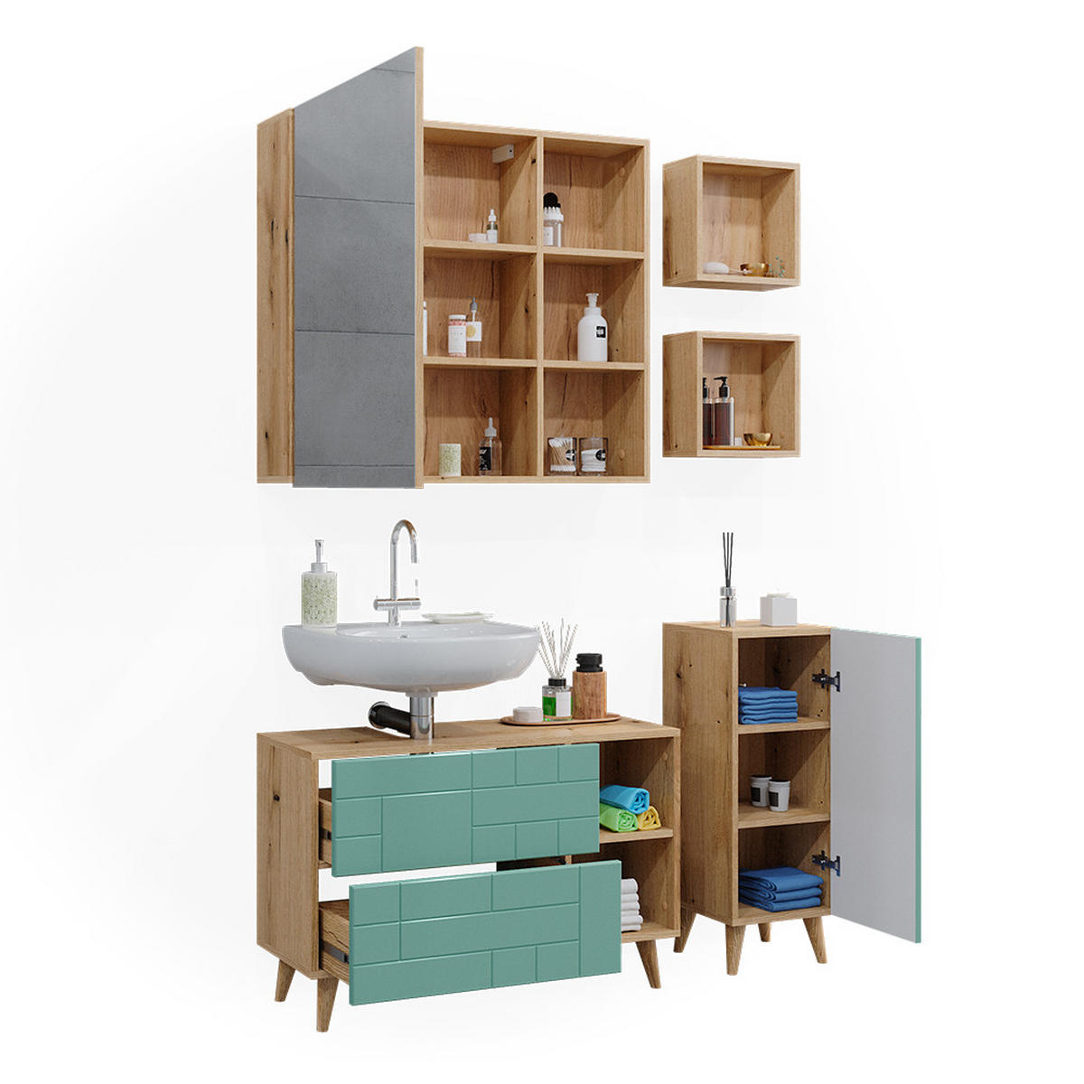 BADMÖBEL-SET Rudi Mintgrün 5 Teile - Eichefarben/Mintgrün, Holzwerkstoff (90/59/32cm) - Vicco