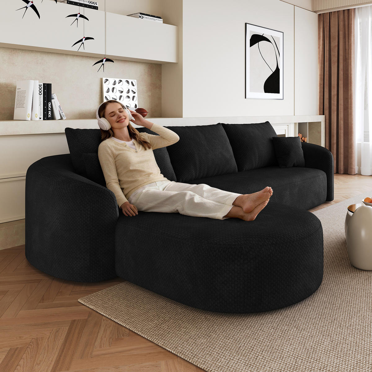 ECKSOFA 266/168/85 cm schwarz aus Stoff ohne Montage - Schwarz, Textil (168/266cm) - OKWISH