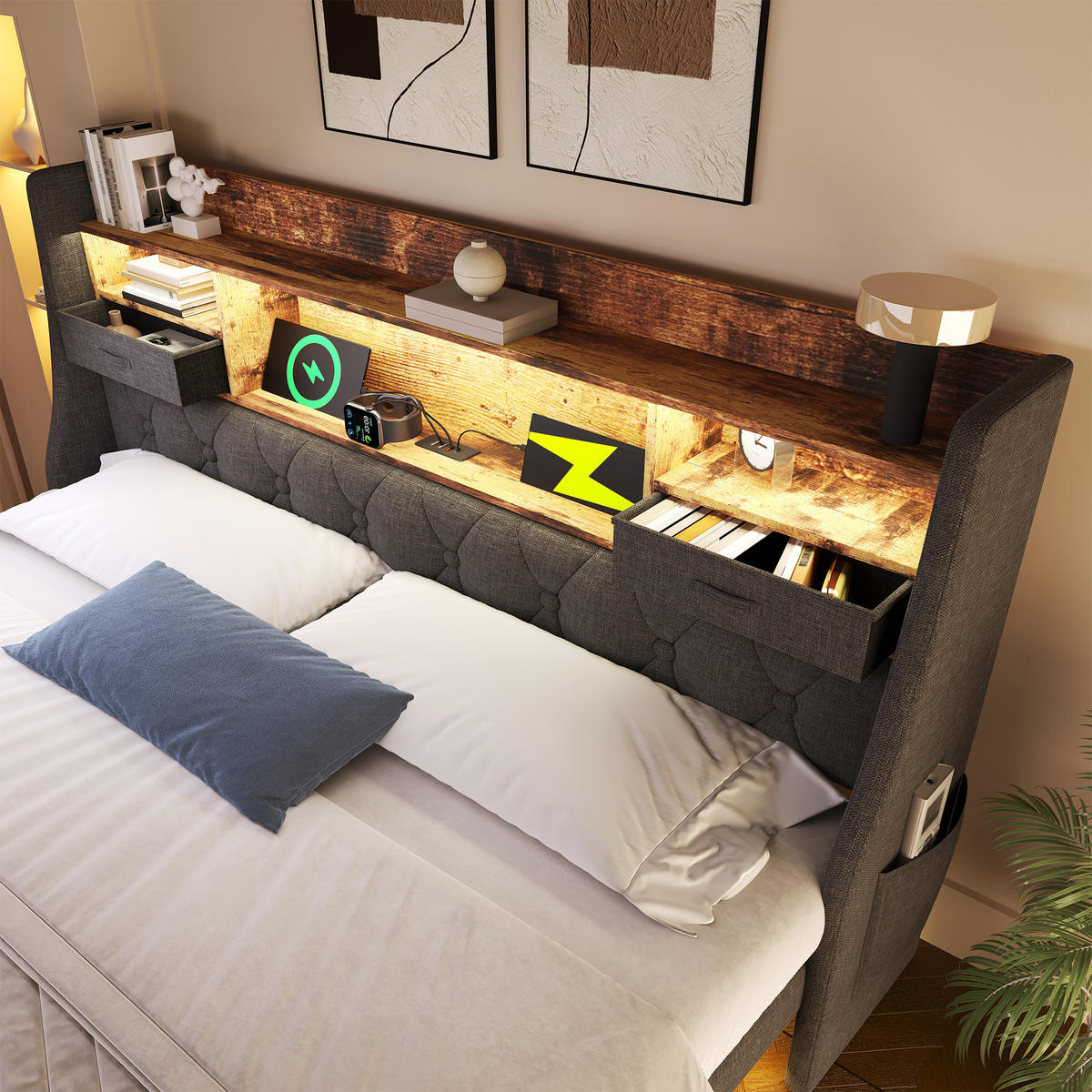 POLSTERBETT 140/200 cm Grau mit LED-Beleuchtung, Kopfteil mit Stauraum, Typ-C-Anschluss und USB-Anschluss - Grau, Textil (140/200cm) - Oxeza