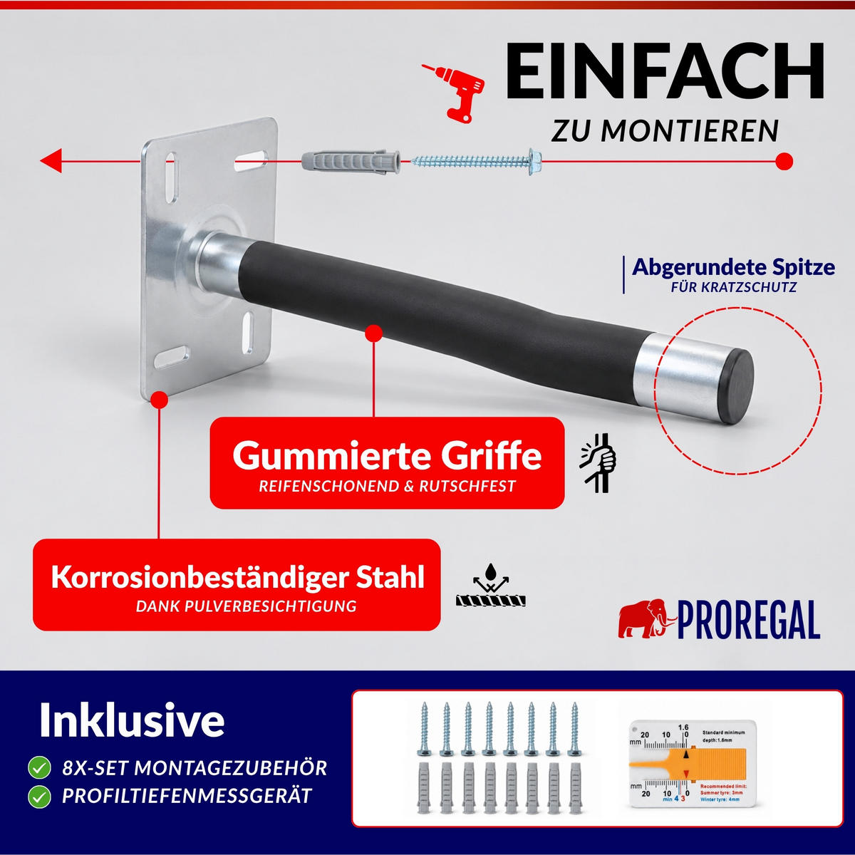 AUTOREIFEN-WANDHALTER PREX PRO 8er Reifen Set HxBxT 17x13x35 cm Traglast 35 kg Schwarz Set für Garage Zum Anschrauben mit hoher Qualität - Schwarz, Metall (35/13/9cm) - PROREGAL