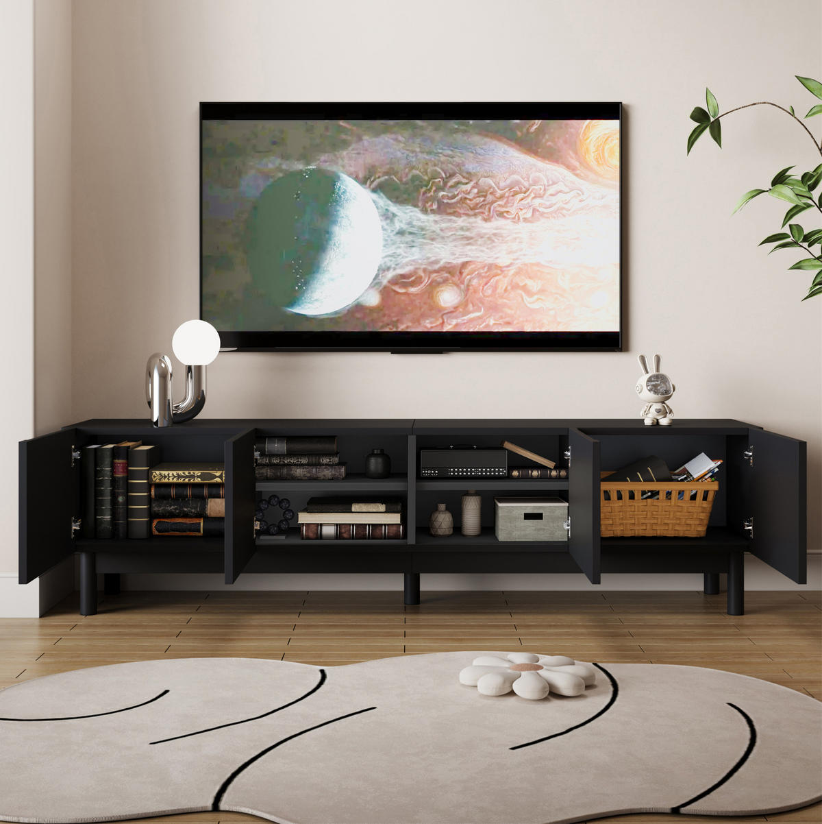 TV-SCHRANK mit 4 Türen 169 x 34 x 45,5 cm Schwarz - Schwarz, Holzwerkstoff (35/45.5/169cm) - Beauniv