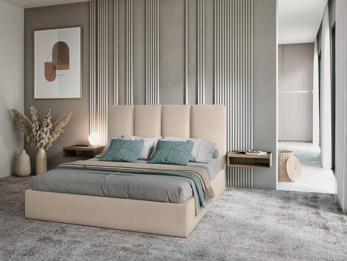 BETT mit Bettkasten und Kopfteil Pyla aus Samt beige 160x200cm - Beige, Textil (160/200cm) - Micadoni
