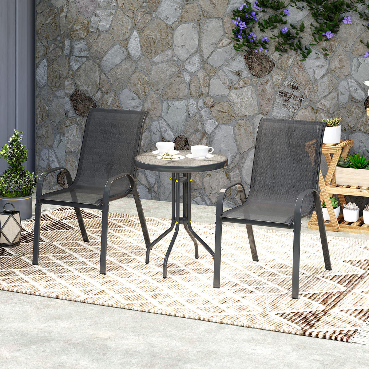 BISTRO-SET DE-07321 3-teilig, mit Glastisch und stapelbaren Stühlen Schwarz - Schwarz, Glas/Metall - ComfortXL