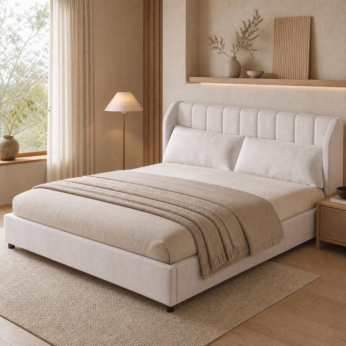 POLSTERBETT 180/200 mit gepolstertem Kopfteil und Lattenrost in Beige - Beige, Holzwerkstoff/Textil (180/200cm) - EVRYAE