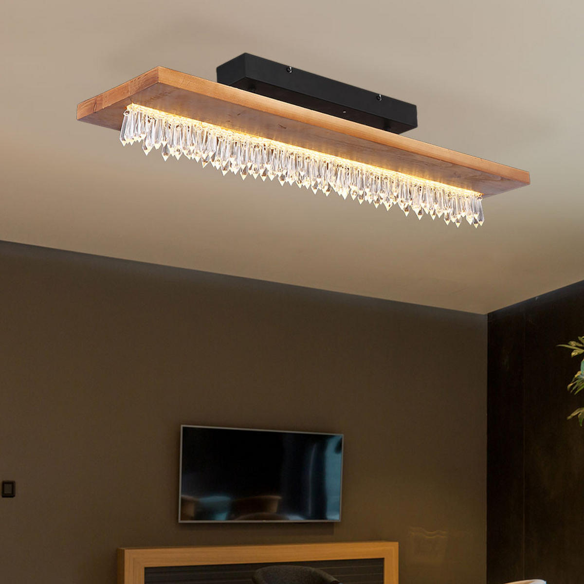 LED DECKENLEUCHTE Holz Braun Kristalldekor - Braun, Holz (80/20/19.5cm) - Globo Lighting