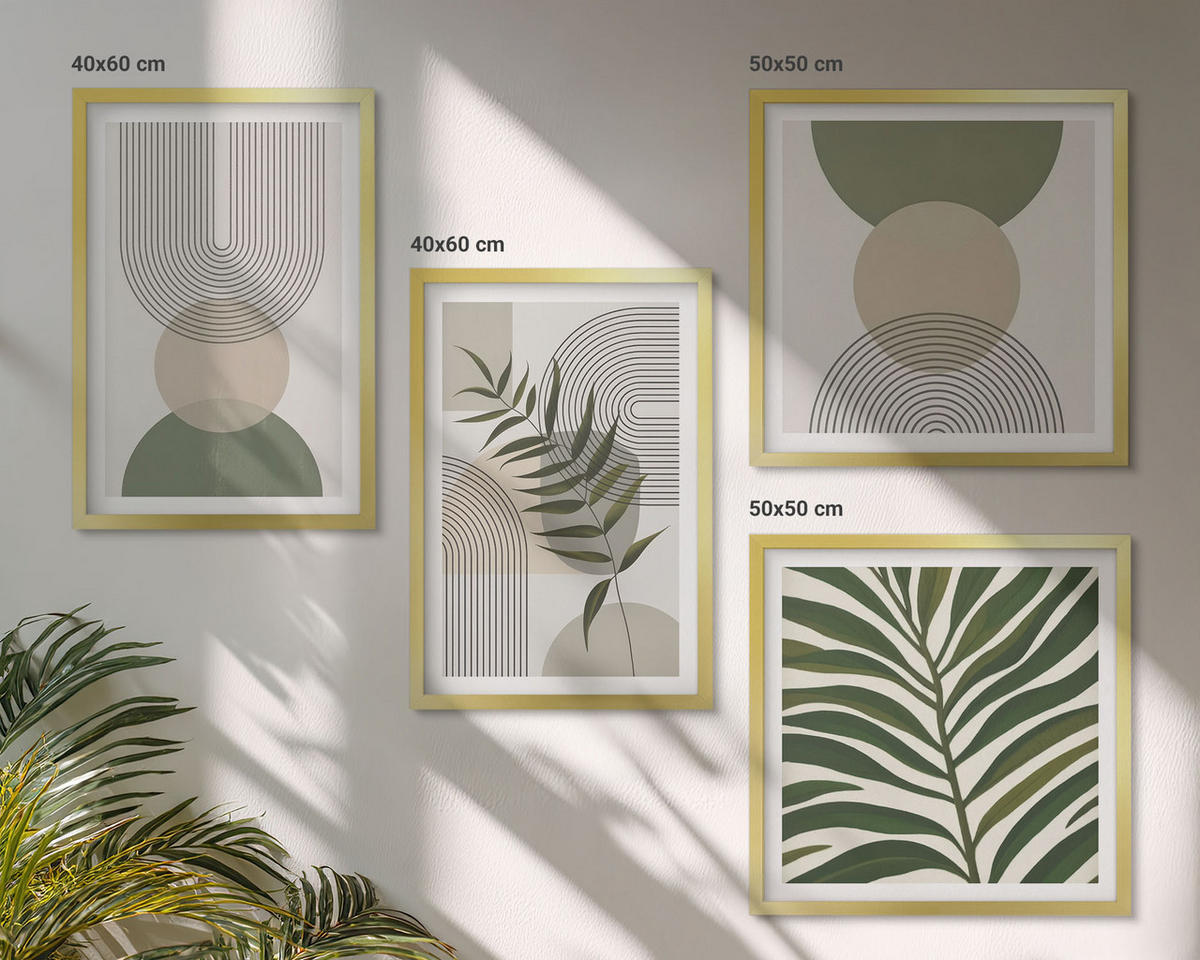 WANDBILDER 4er Set - 50x50 cm & 40x60 cm Goldrahmen - Abstrakte Blätter im Boho-Stil - Goldfarben, Kunststoff (50/50cm) - ArtPrintCave
