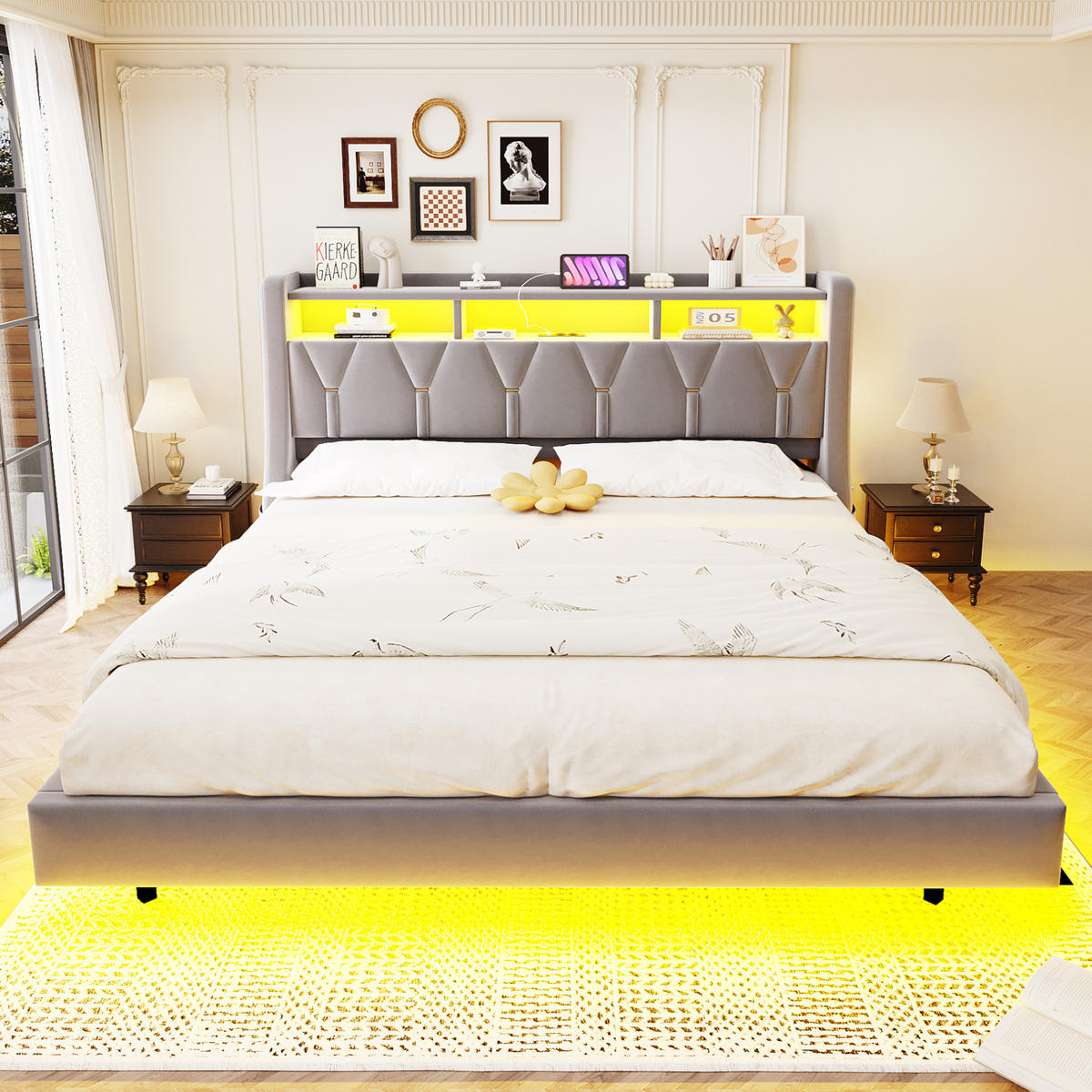 ČALOUNĚNÁ postel 180/200 cm světle šedá z sametu s LED osvětlením a úložným čelem - šedá, textil (180/200cm) - OKWISH