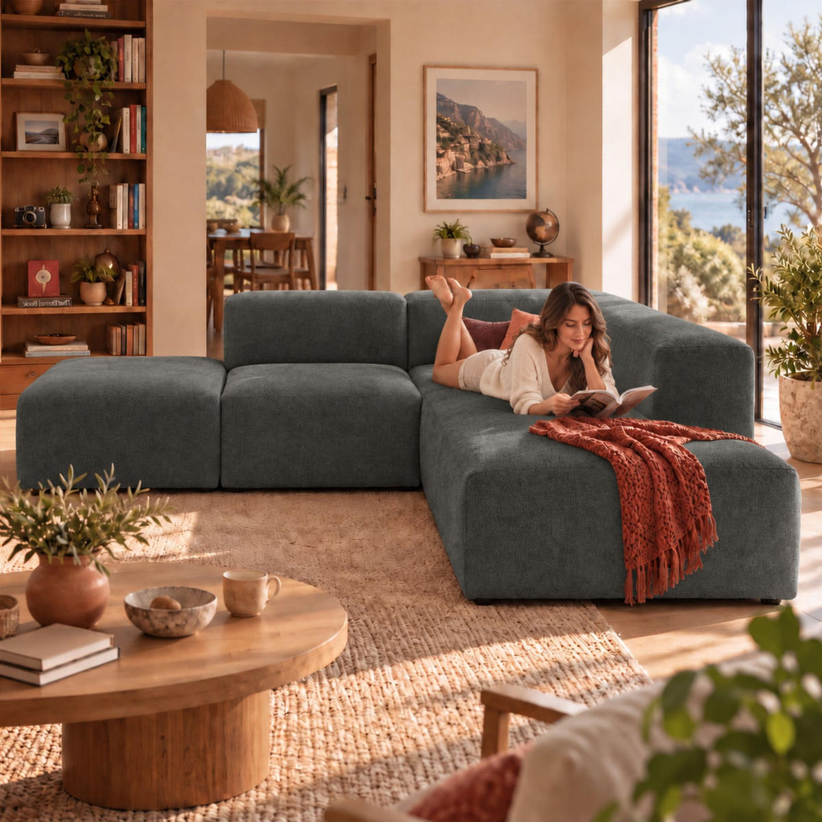 4-SITZER modulares Ecksofa HEAVEN SET 3 Rechts, Breite 270 cm Webstoff Dunkelgrau - Dunkelgrau/Schwarz, Holz/Kunststoff (270/245cm) - Muffo
