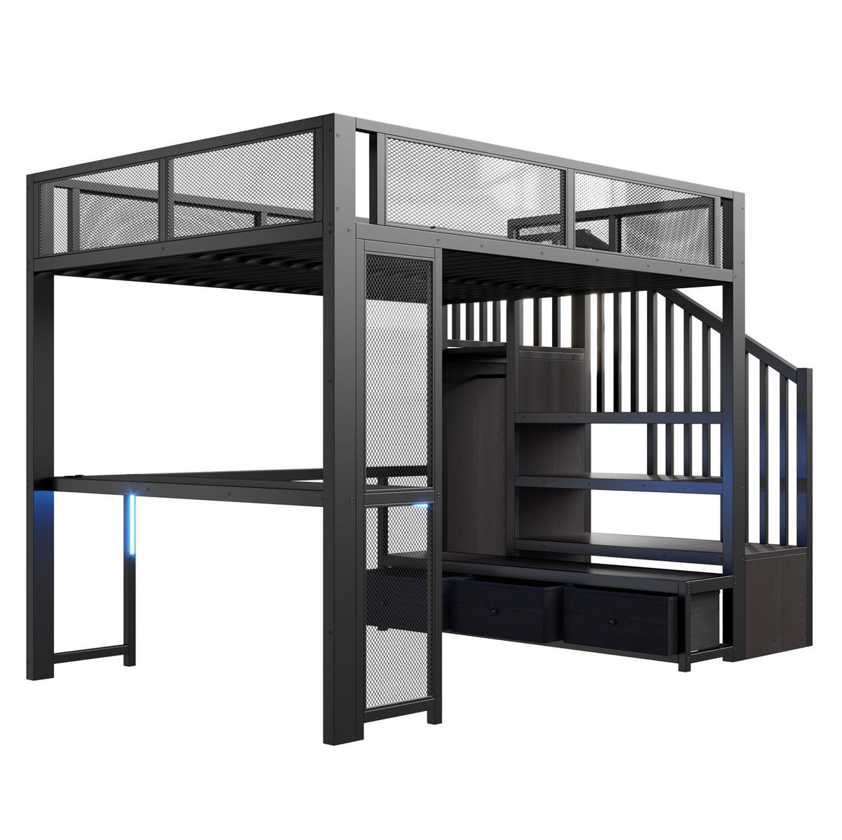 HOCHBETT aus Metall und MDF 140x200 cm Schwarz mit Schreibtisch, Stauraumtreppe, USB und LED - Schwarz, Holzwerkstoff (140/200cm) - IVMEU