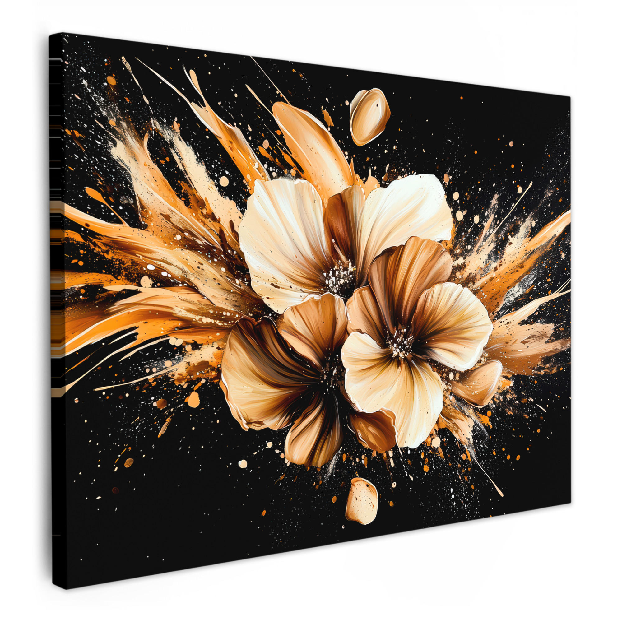 LEINWANDBILD Blumen - Gold - Graffiti - Schwarz - Abstrakt Wandbilder 80x60 cm - Cappuccino, Textil (80/60cm) - MuchoWow