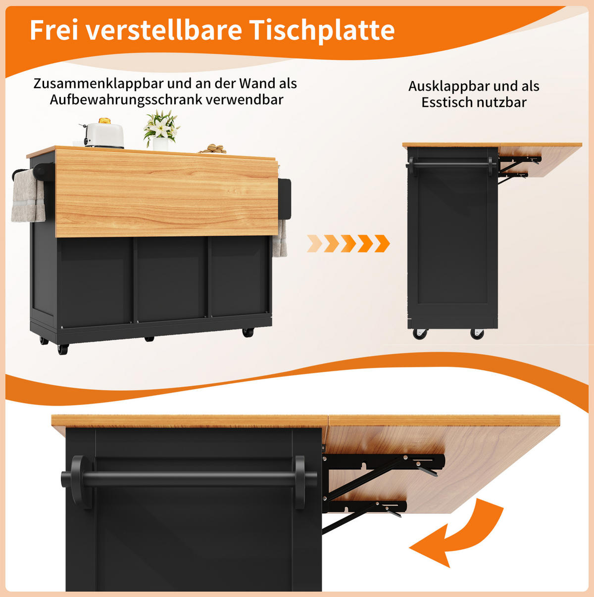 KÜCHENINSEL 140/70/93,5 cm in Schwarz mit klappbarer Arbeitsplatte und Rollen - Schwarz, Holzwerkstoff (140/93.5/40cm) - Flora Grace