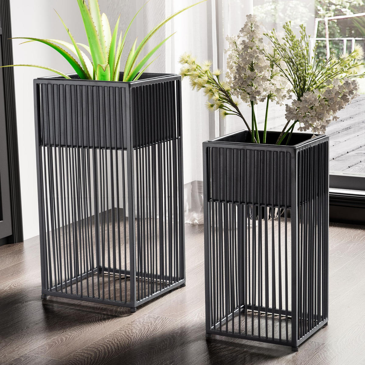 PFLANZKÜBEL 2er Set Metall Schwarz mit Gestell quadratisch - Schwarz, Metall (22/50cm) - KADIMA DESIGN