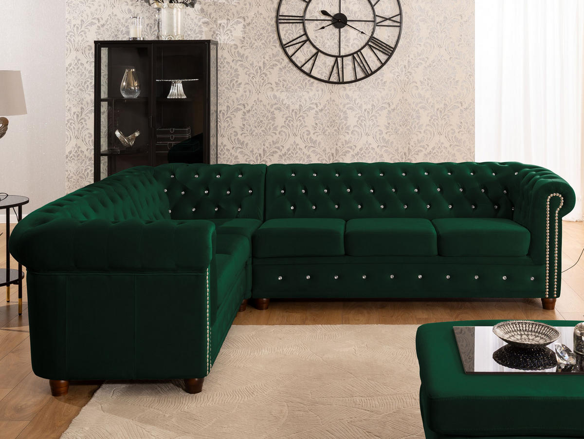 ECKSOFA Chesterfield Cleo Blink Flasche Grün Samt mit Kristallsteppung und braunen Massivholzfüßen - Ottomane Links - Braun/Grün, Holz/Textil (264/210cm) - S-Style Möbel