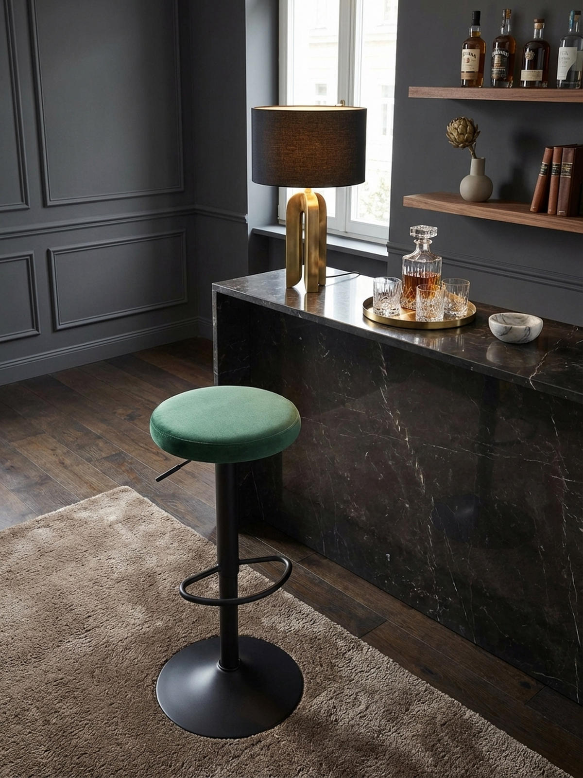BARHOCKER Höhenverstellbar Eisen Samt Drehbar CAMPANIA, Grün 40x40x79 cm - Schwarz/Grün, Textil/Metall (40/79/40cm) - KADIMA DESIGN