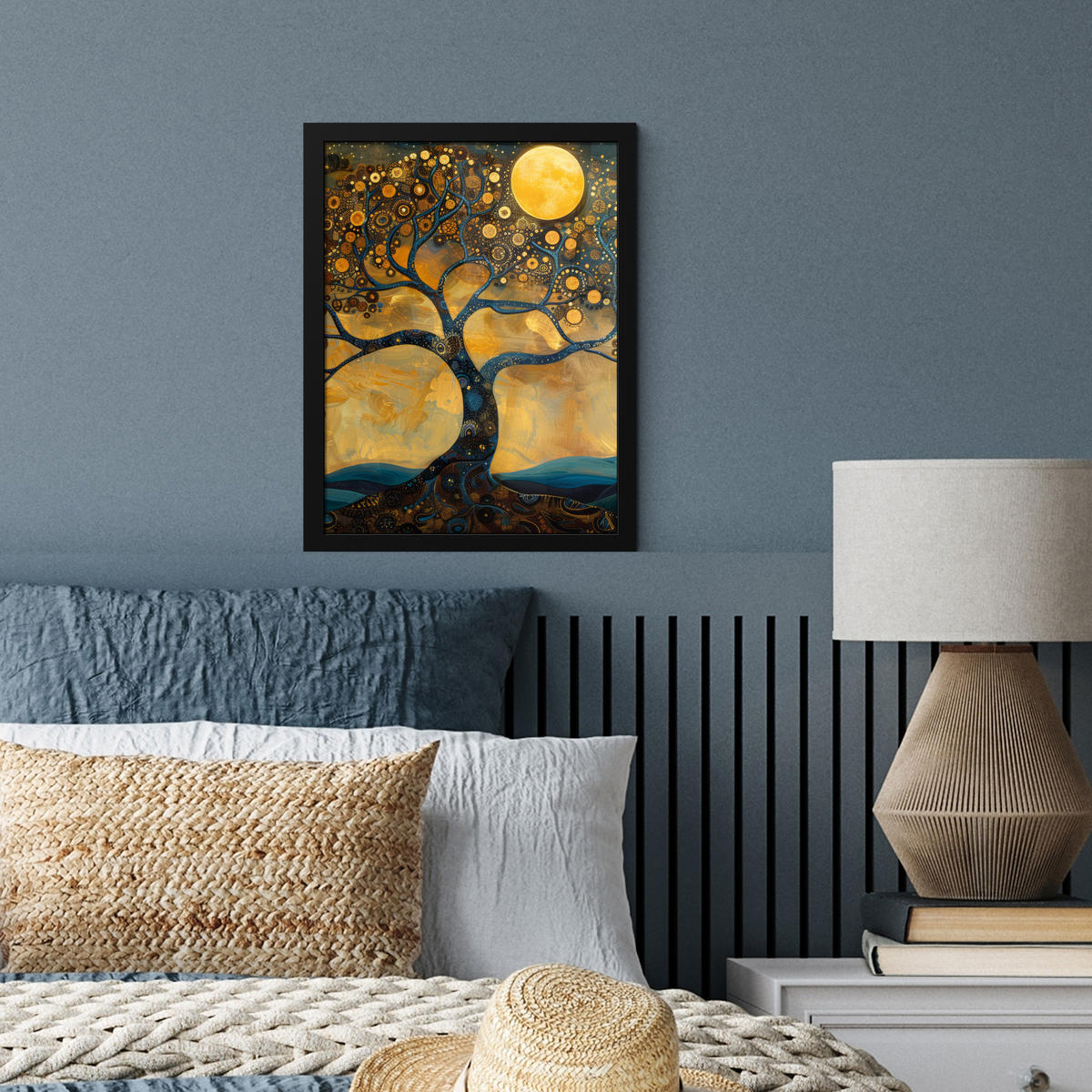 GERAHMTES BILD Baum - Mond - Blumen - Gold - Kunst 30x40 cm - Orange, Papier (30/40cm) - MuchoWow