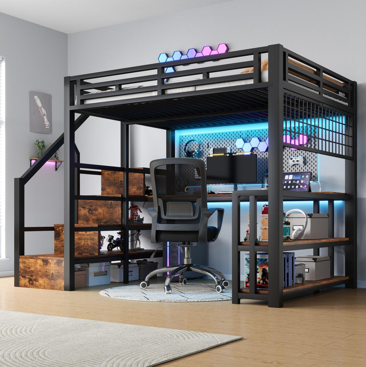 HOCHBETT 140/200 cm in Schwarz mit Schreibtisch, Stauraum und LED-Beleuchtung - Schwarz, Metall (140/200cm) - Flora Grace