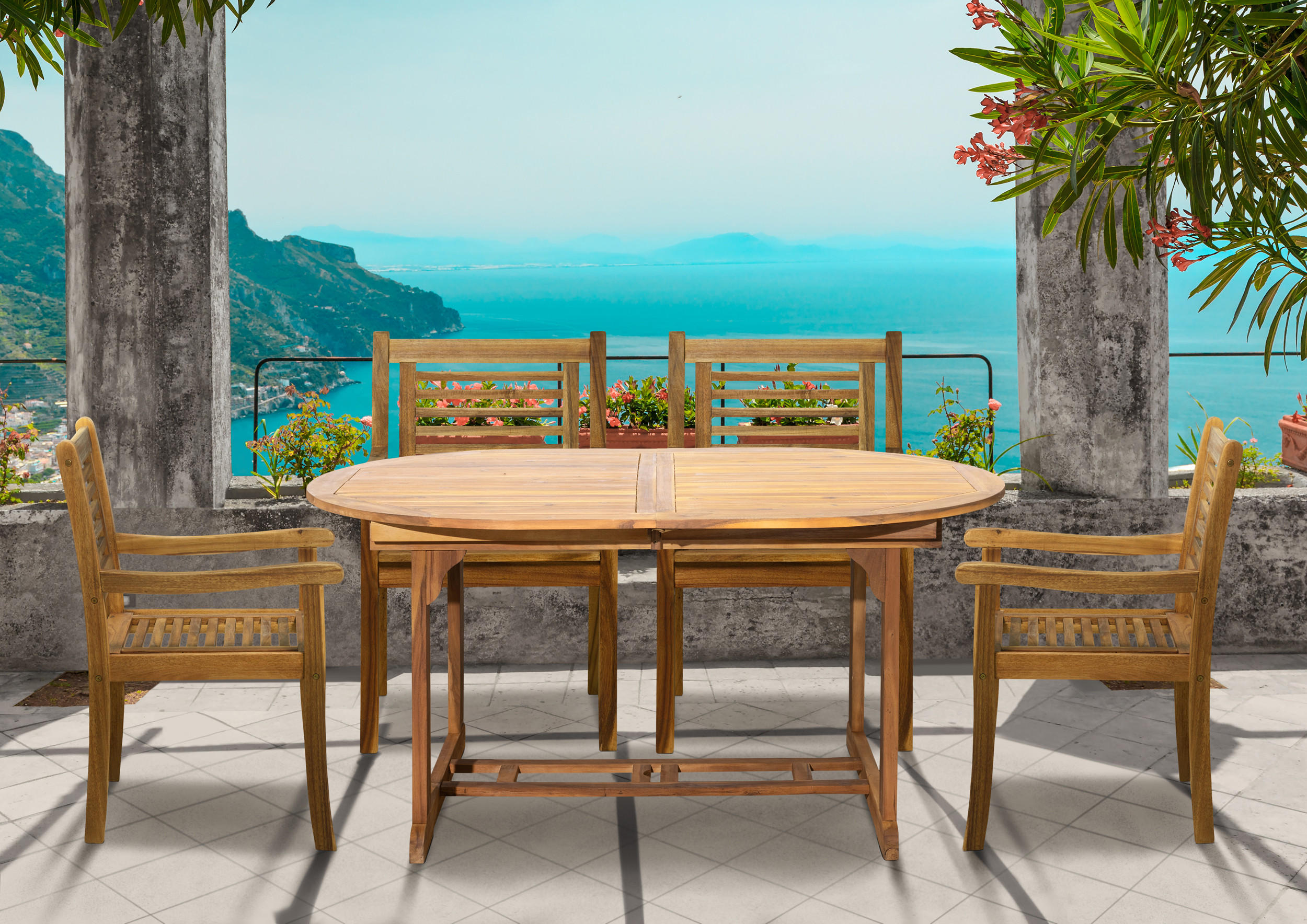 SITZGRUPPE Akana mit 4 Stühlen und 1 ausziehbaren Tisch - 150/200x100 cm - Akazienholz geölt - Naturfarben, Holz - TPFGarden