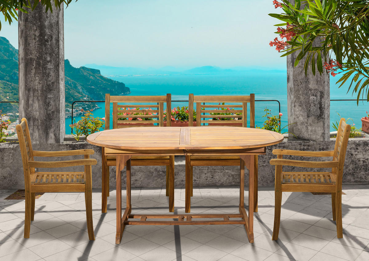 SITZGRUPPE Akana mit 4 Stühlen und 1 ausziehbaren Tisch - 150/200x100 cm - Akazienholz geölt - Naturfarben, Holz - TPFGarden