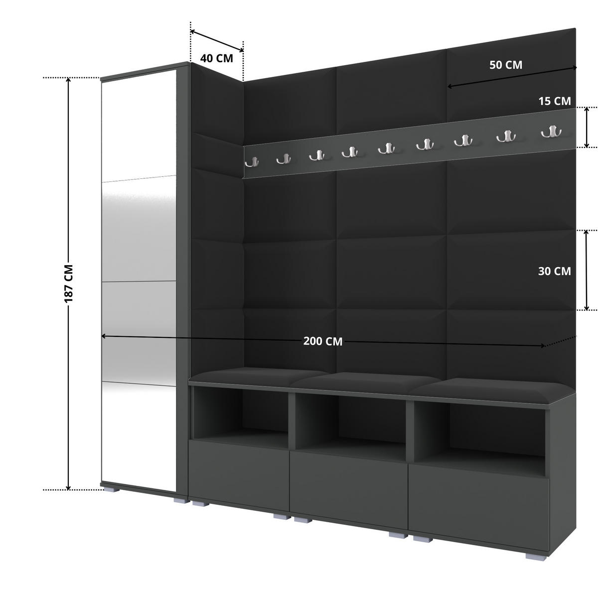 GARDEROBE NELA IX 200 cm (Modulare Flurmöbel Graphit mit Spiegel & Sitzpolster Schwarz 16 Breite Sitzbank) - Silberfarben/Schwarz, Holz/Holzwerkstoff (200/187/40cm) - Ravio