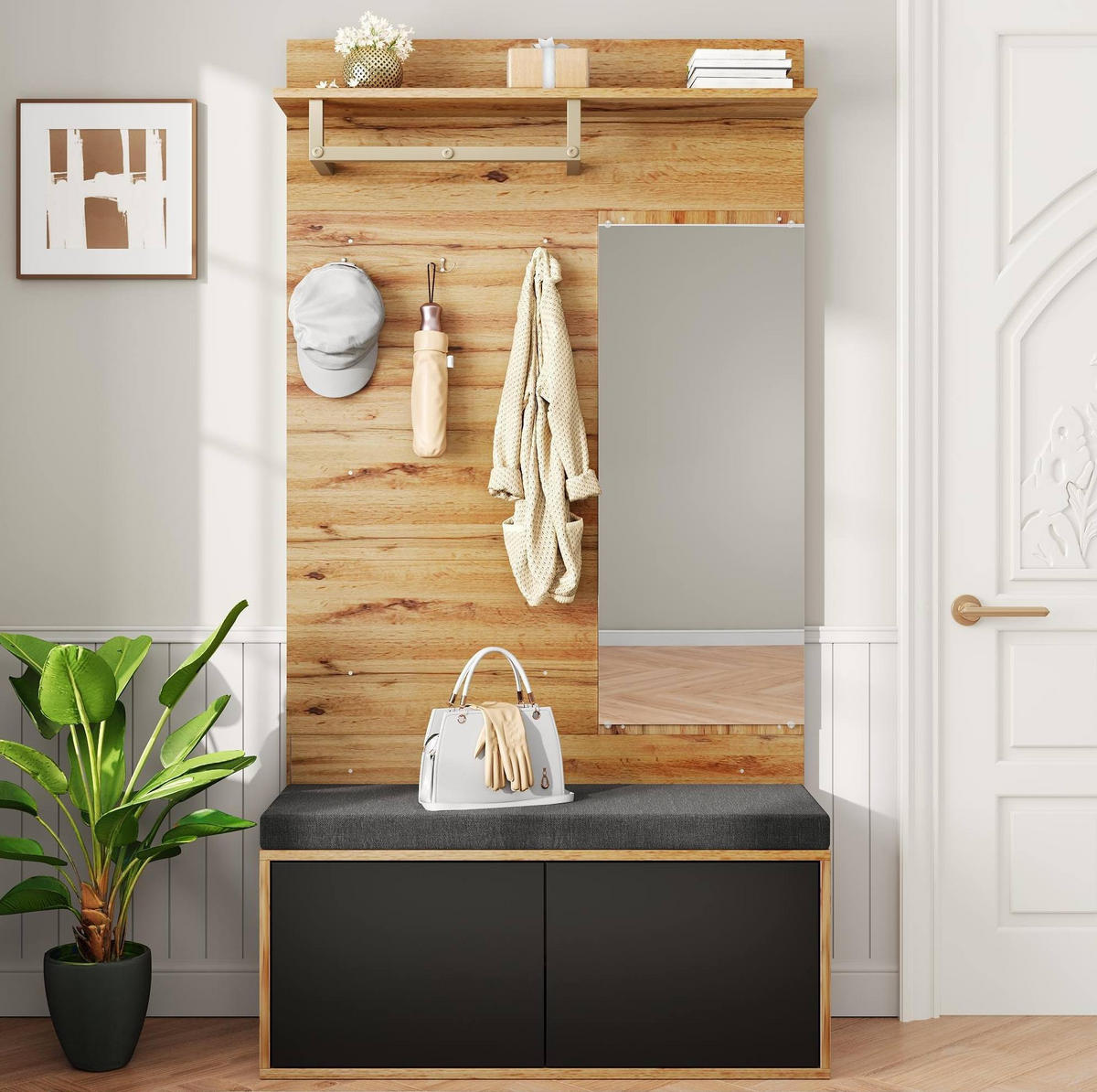 KOMPAKTGARDEROBE mit Spiegel und Schuhschrank Spanplatte Schwarz - Schwarz, Holzwerkstoff (38/190/100cm) - Beauniv