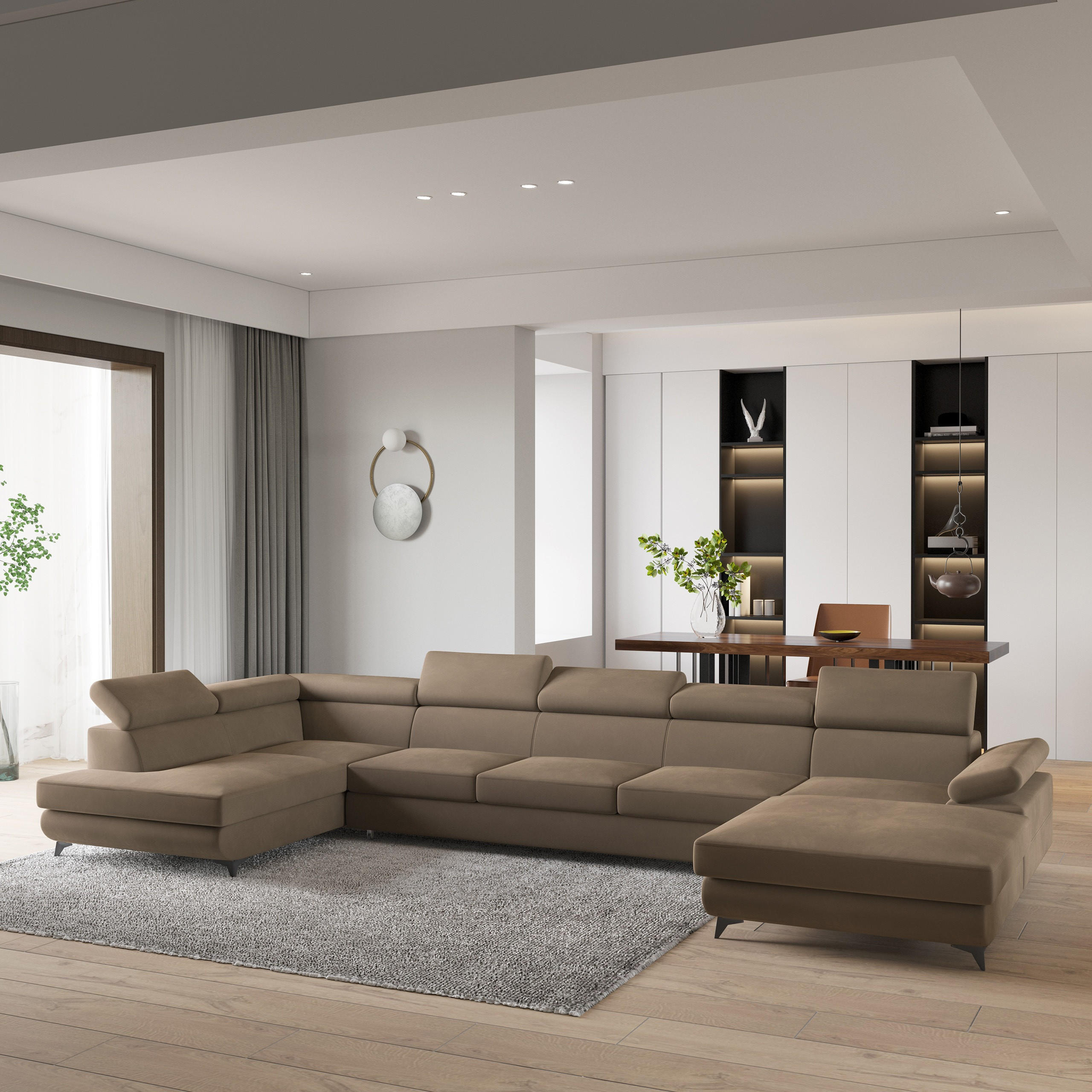 WOHNLANDSCHAFT MONTIVA Beige Velours-Stoff mit Schlaffunktion - Beige, Holz (410/89/190cm) - MASSENO