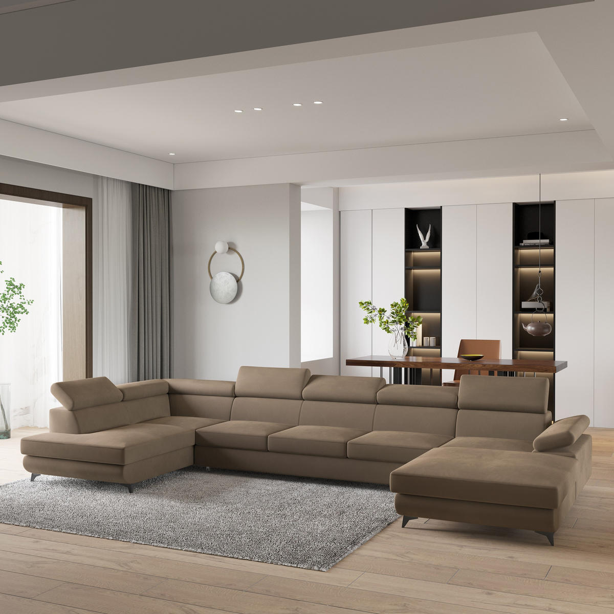 WOHNLANDSCHAFT MONTIVA Beige Velours-Stoff mit Schlaffunktion - Beige, Holz (410/89/190cm) - MASSENO