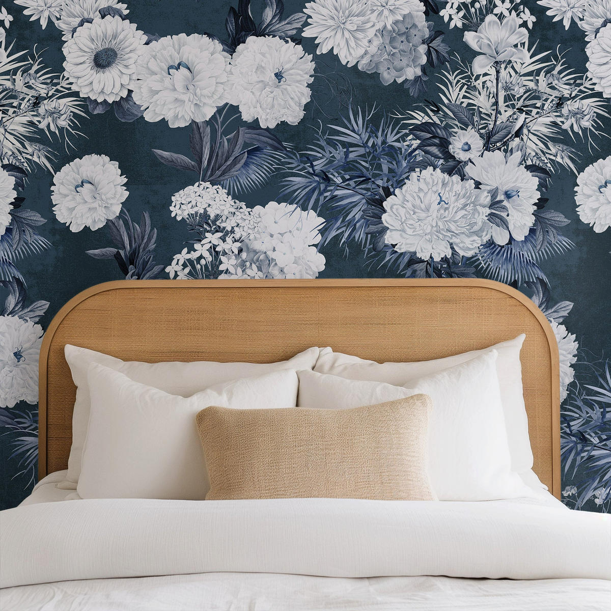 TAPETE Mit Blumen in Marineblau aus echtem Papier, 180x260cm, 2 Rollen - Blau, Papier (180/260cm) - WALLPAPERS4BEGINNERS