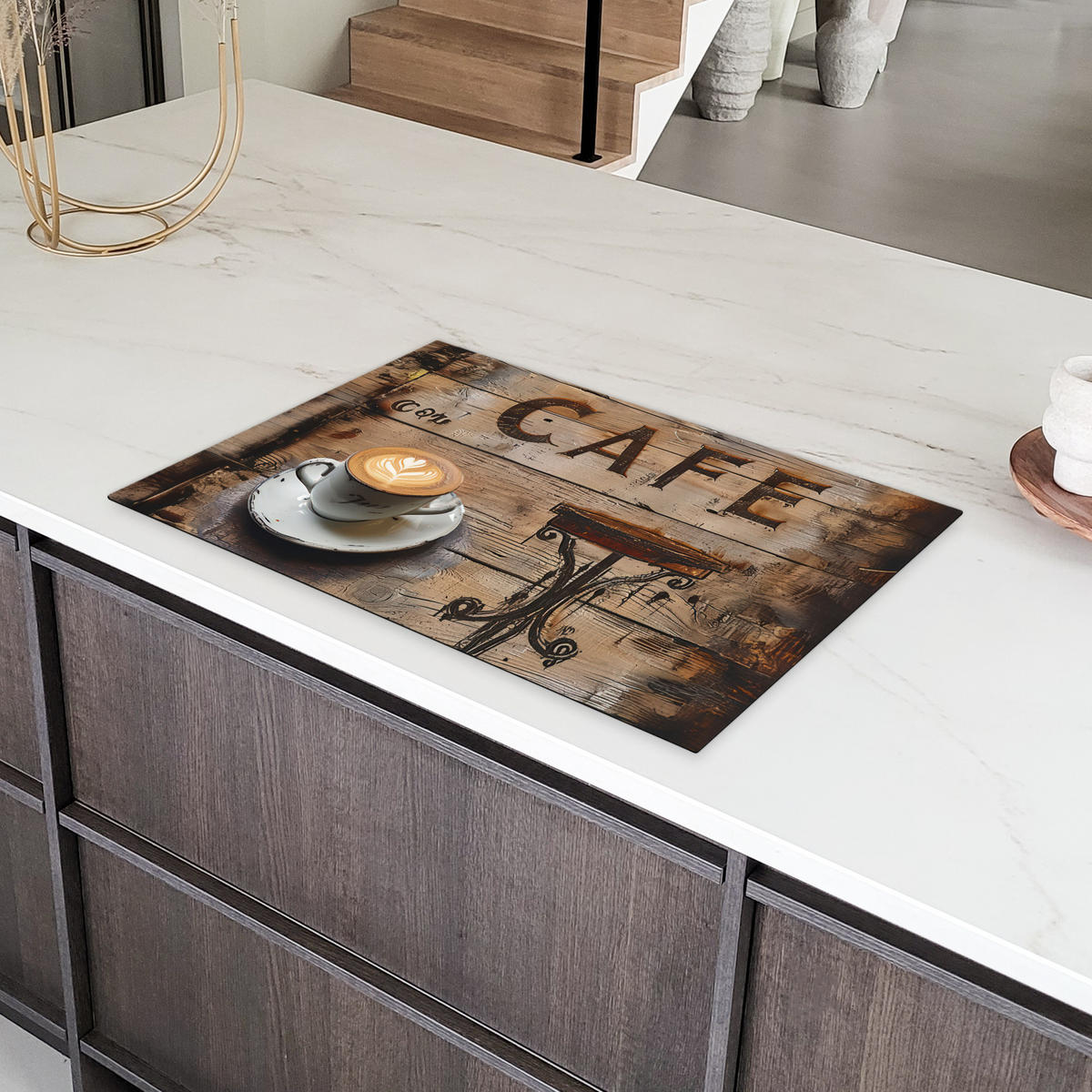 HERDABDECKPLATTE Cafe - Holz - Kaffee - Regale 81x52 cm - Schwarz, Kunststoff (81/0.2/52cm) - MuchoWow
