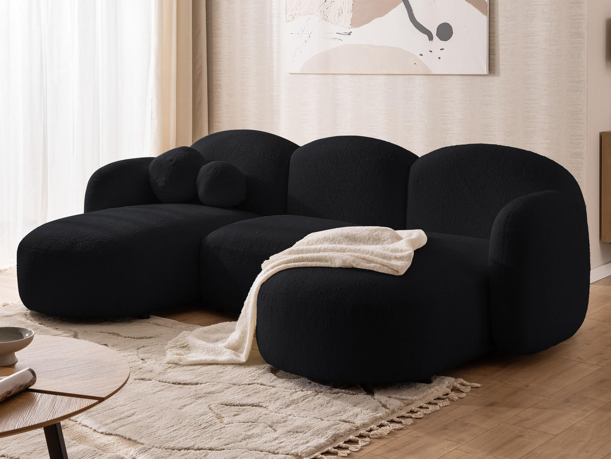 WOHNLANDSCHAFT Nuvola mit abgerundetem Design Schwarz Bouclé-Stoff - Schwarz, Holz/Kunststoff (268/80/146cm) - S-Style Möbel