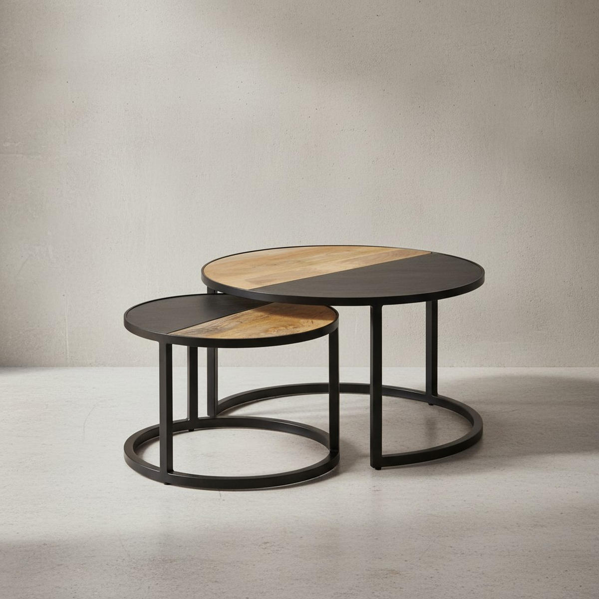 COUCHTISCH Set – Rund Mango Massivholz Steinoptik 2-teilig modern - Schwarz, Holz/Metall (60/60/36cm) - KADIMA DESIGN