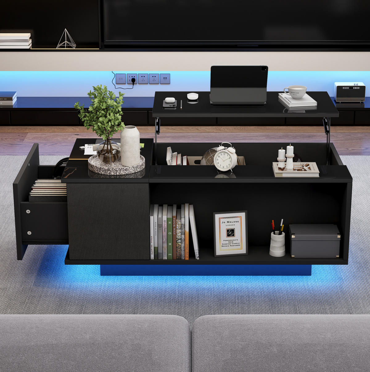 COUCHTISCH höhenverstellbar 100 x 50 x 40 cm Schwarz mit Stauraum - Schwarz, Holzwerkstoff (100/50/40cm) - Meubliv