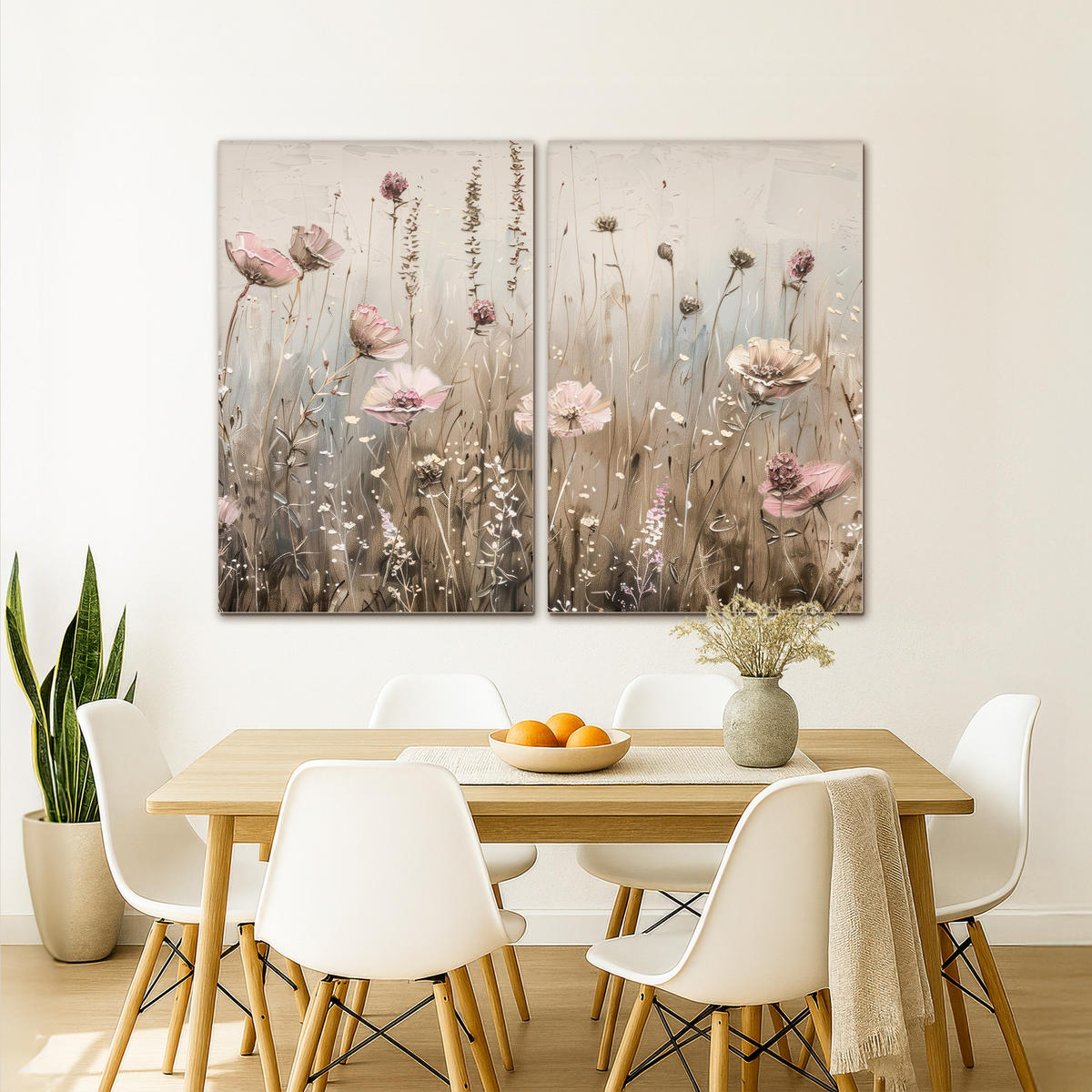 LEINWANDBILD 2er Set Blumen - Beige - Modern - Rosa 160x120 cm - Ecru, Textil (160/120cm) - MuchoWow