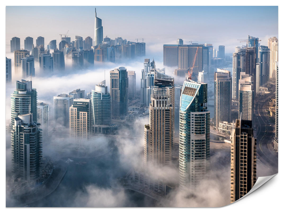 FOTOTAPETE für Büro Dubai Nebel Wolkenkratzer Skyline Panorama 500x350 - Blau/Beige, Papier (500/350cm) - Muralo