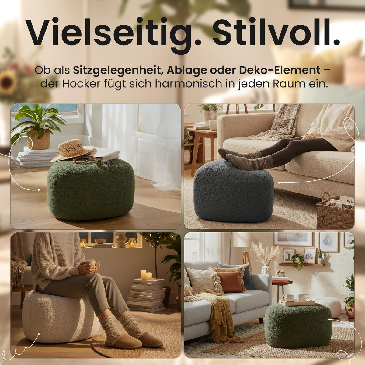 HOCKER oval 52/48/32 cm Stoff Creme - Creme, Holz/Textil (52/32/48cm) - CLP