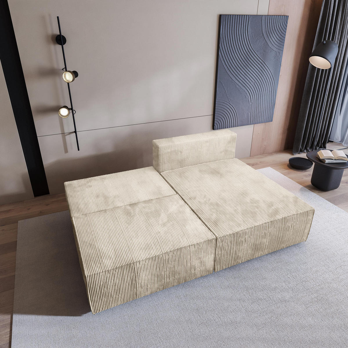 ECKSOFA FIORO P Creme Kordstoff mit Schlaffunktion - Creme/Grau, Holz/Kunststoff (204/148cm) - MASSENO