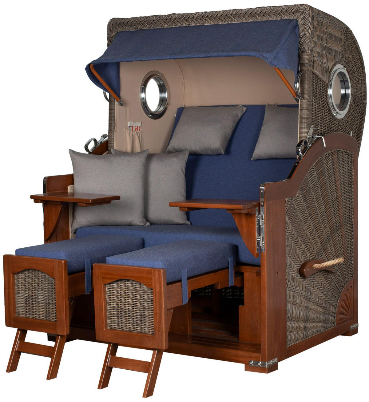 STRANDKORB Komplettset: Ammersee Mahagoni Bullauge - PE grau - Modell 595 - Blau/Grau, Holz/Kunststoff (125/165/80cm) - bene living