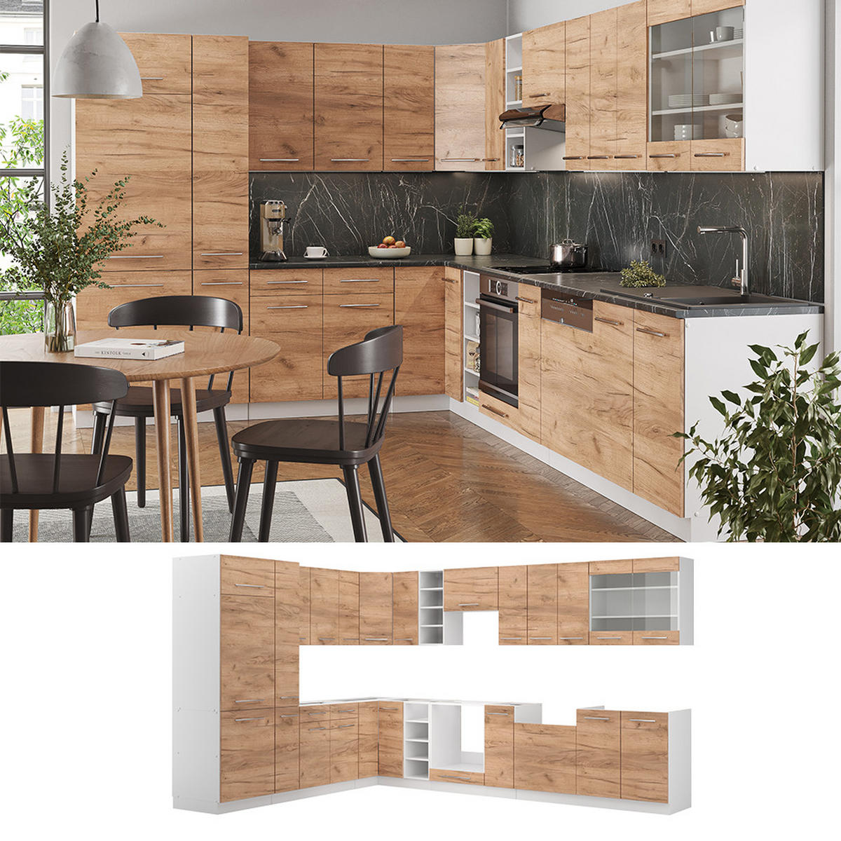 ECKKÜCHE Fame-Line Goldkraft Eiche/Weiß 347 x 257 cm ohne AP - Eiche Wotan/Weiß, Holzwerkstoff (347/81.6/46cm) - Vicco