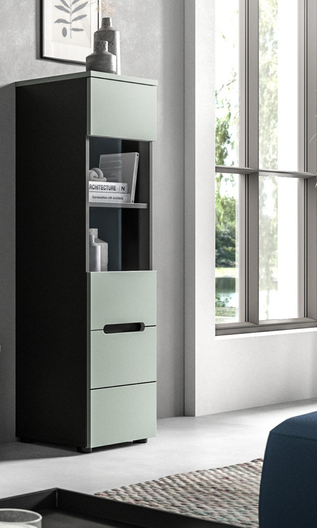 VITRINE Salbei Grün, Basalt Grau hängend / stehend 36 cm mit Soft-Close - Salbeigrün/Schwarz, Glas/Holzwerkstoff (36/125/33cm) - Inn.Furn