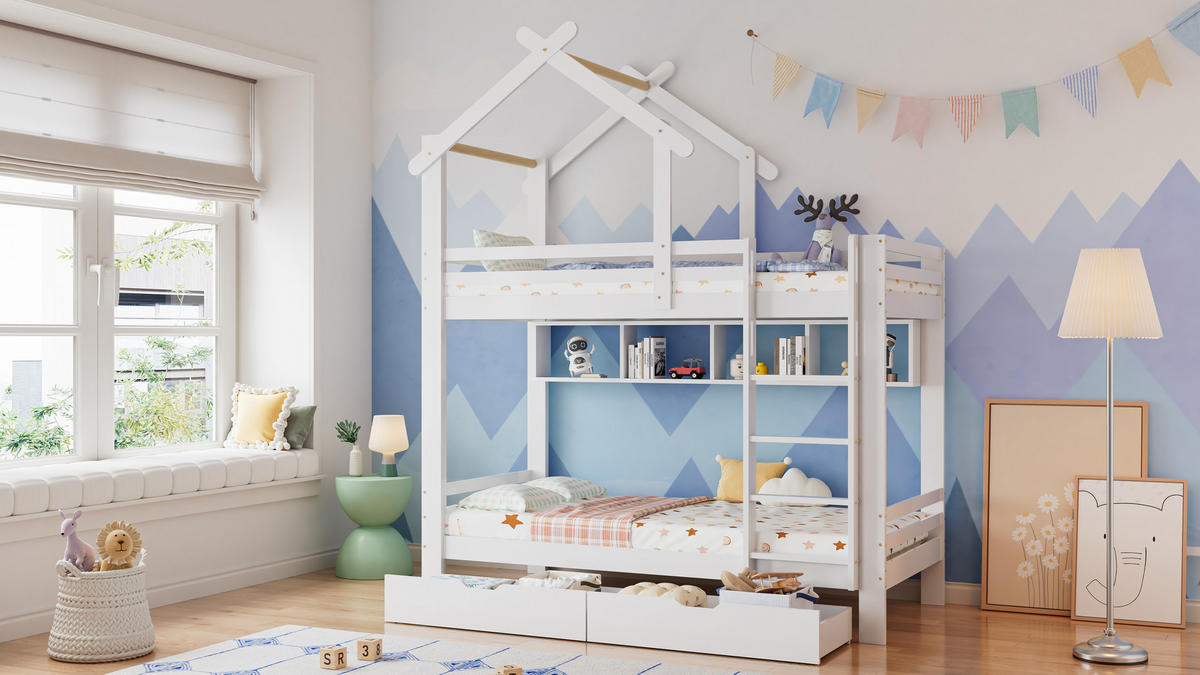 ETAGENBETT 90x200 cm Haus Treppe weiß - Weiß, Holz (90/200cm) - LEBENLANG