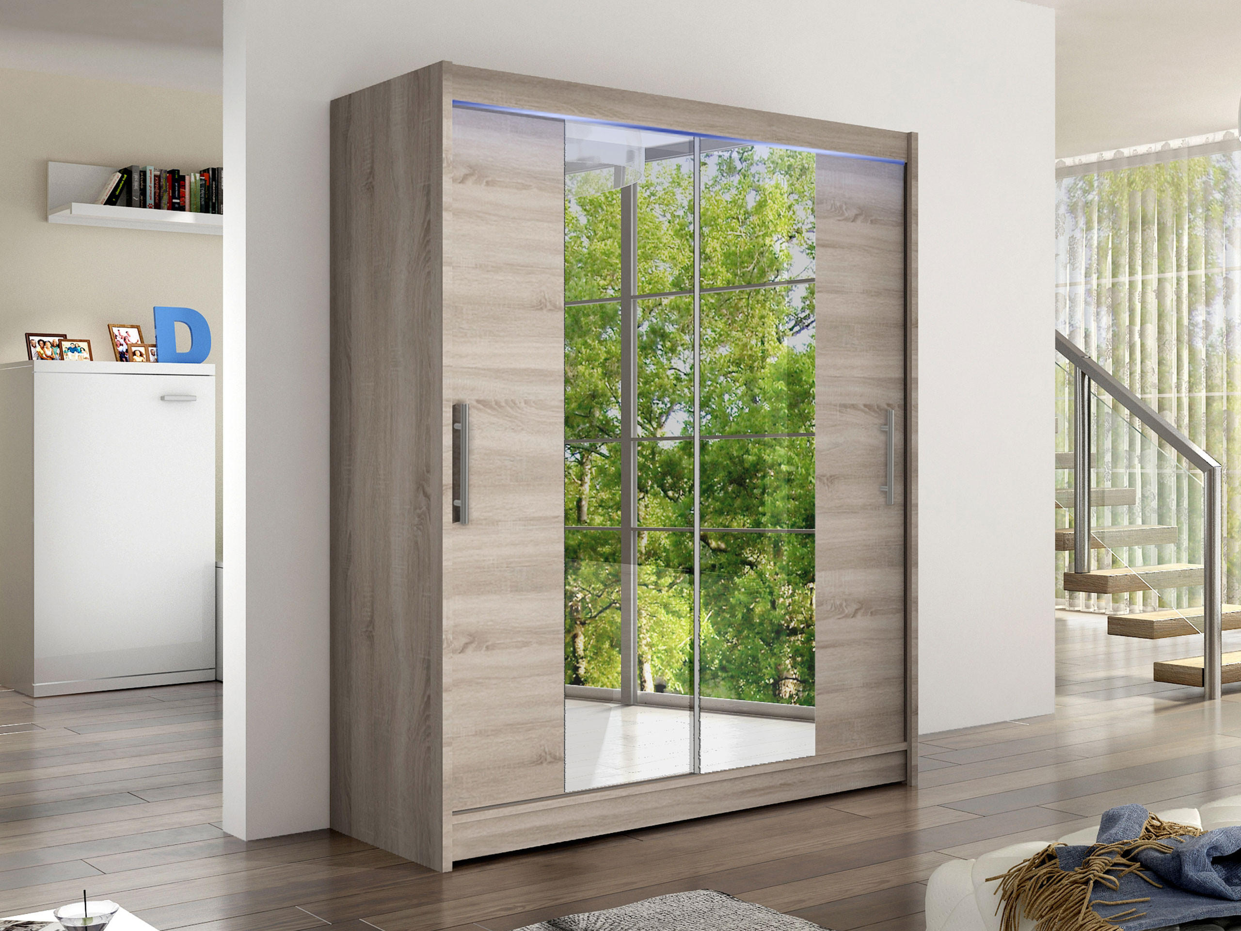 SCHWEBETÜRENSCHRANK Westa II, mit RGB LED Beleuchtung - Silberfarben/Trüffeleichefarben, Holzwerkstoff/Metall (150/200/58cm) - MIRJAN24