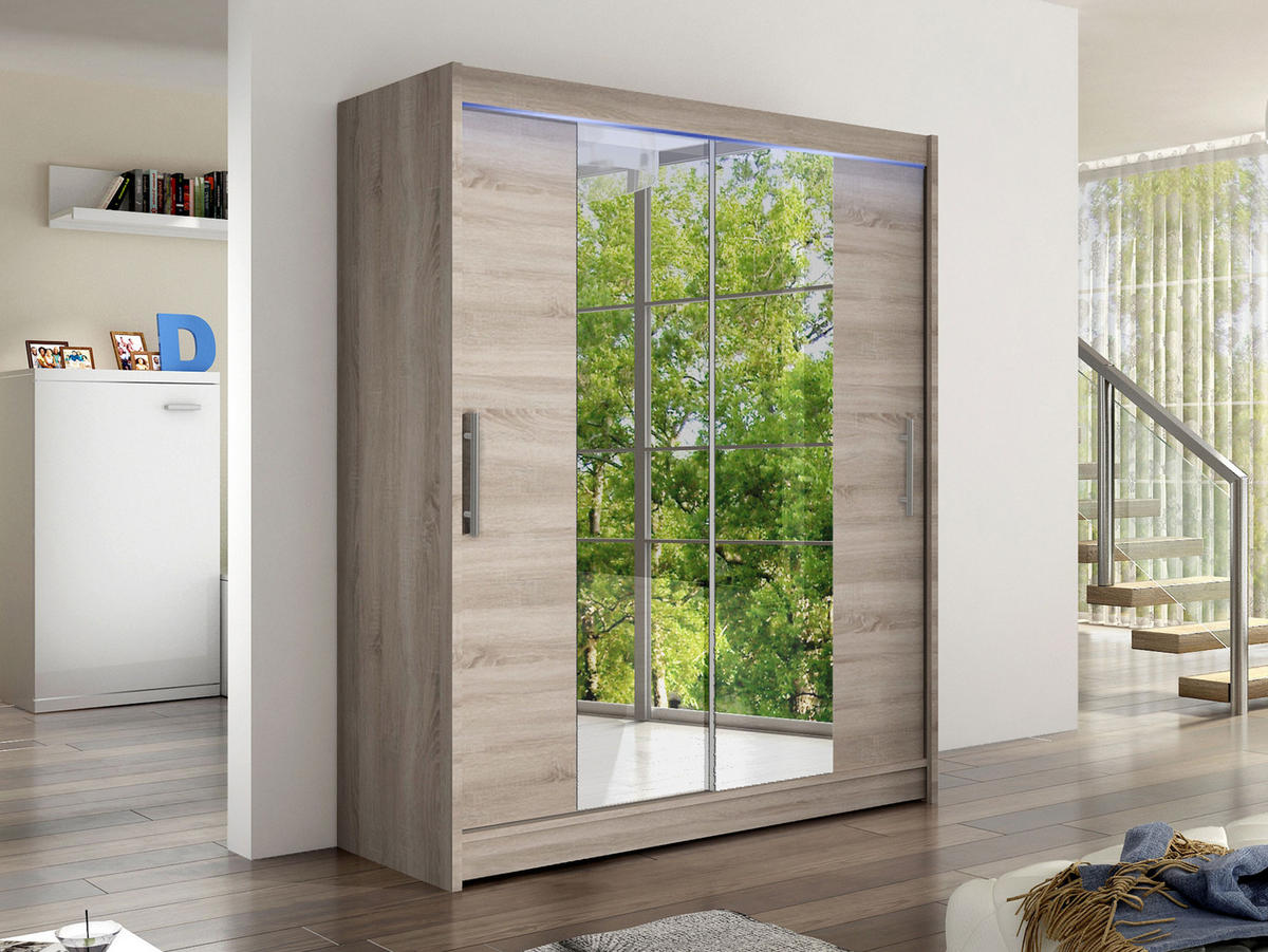 SCHWEBETÜRENSCHRANK Westa II, mit RGB LED Beleuchtung - Silberfarben/Trüffeleichefarben, Holzwerkstoff/Metall (150/200/58cm) - MIRJAN24